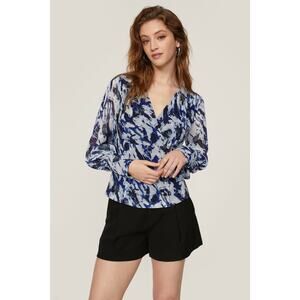 DONNA KAREN NEW YORK Blue Abstract V-Neck Front Button Long Sleeve Top Size L